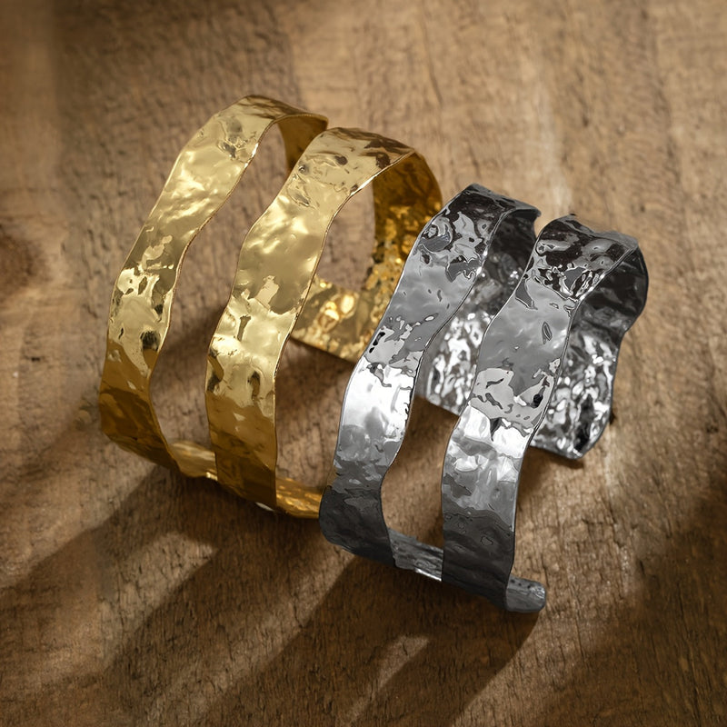 Punk Metal Style Hammered Geometric Open Cuff Bracelet