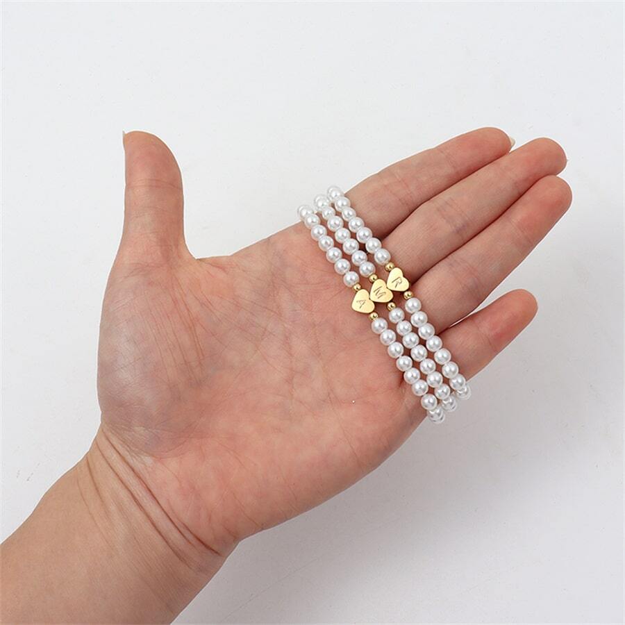 Personalized Pearl Bead Bracelet with Heart Initial Charm