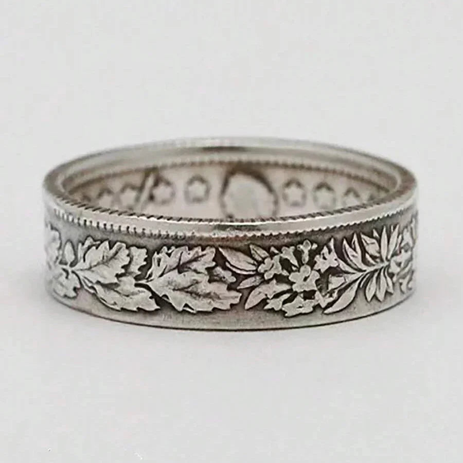 Vintage Silver Plated Snowflake & Coin Pattern Ring
