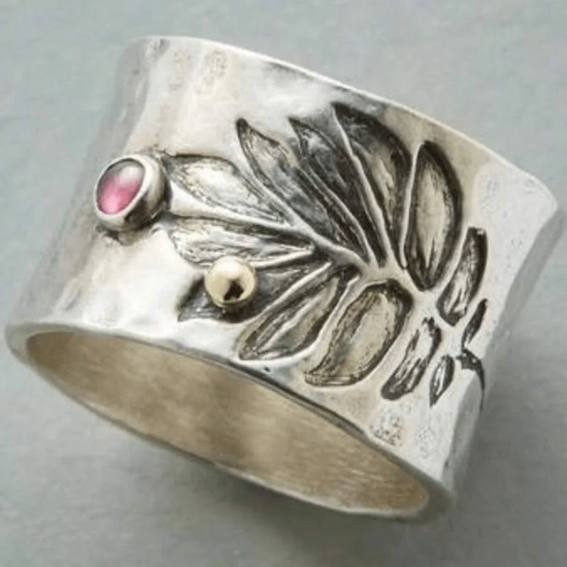 Bohemian Carved With Pinkish Zirconia Inlay Wide Ring