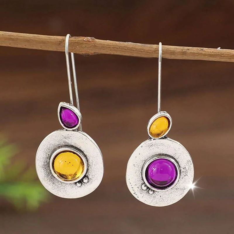 Vintage Purple Round Glass Pendant Asymmetric Earrings