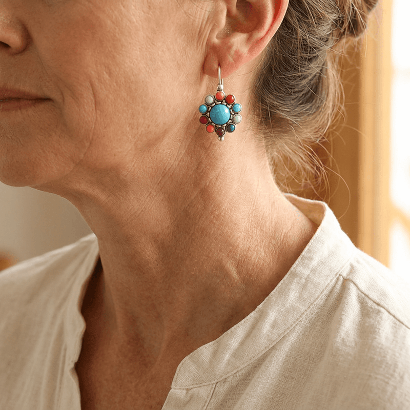 Colorful Turquoise & Coral Floral Dangle Earrings