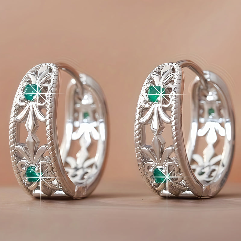 Vintage Retro Hollowed Carved Design Green Zirconia Earring