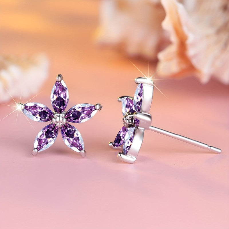 Elegant Purple Zirconia Flower Stud Earrings