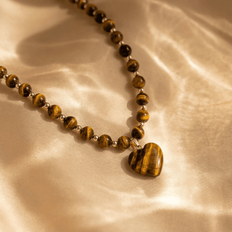 Elegant Tiger Eye Beaded Heart Pendant Necklace