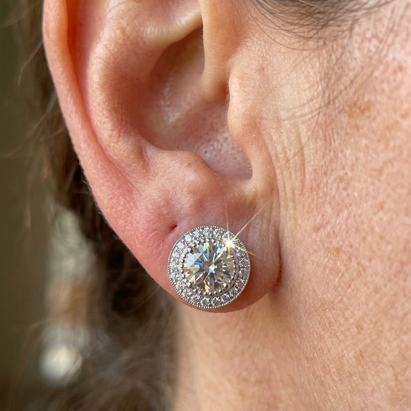 Round Cut Moissanite Halo Stud Earrings