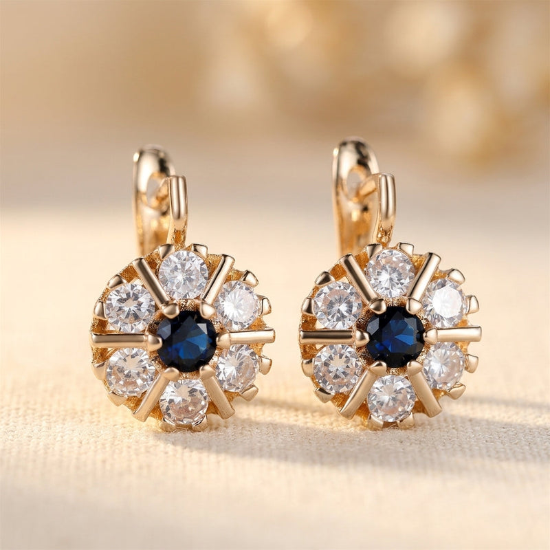 Blue Crystal White Zircon Flower Hoop Earrings