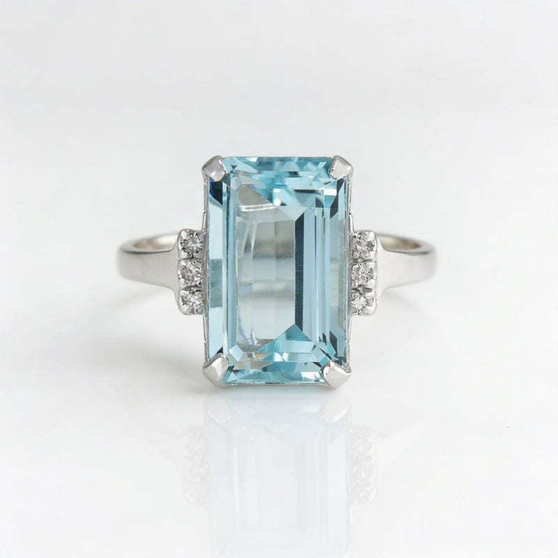 Elegant Classic 4 Prong Square Sea Blue Gemstone Ring