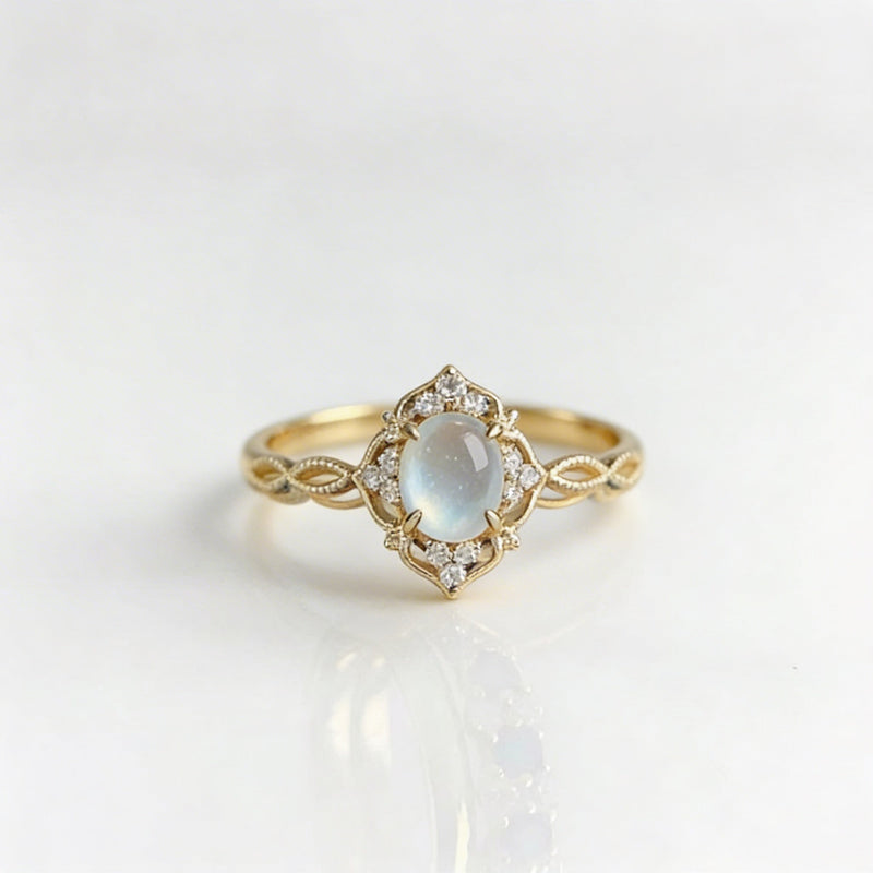Elegant Hollow Flower With Cat Eye Stone Moonstone Ring