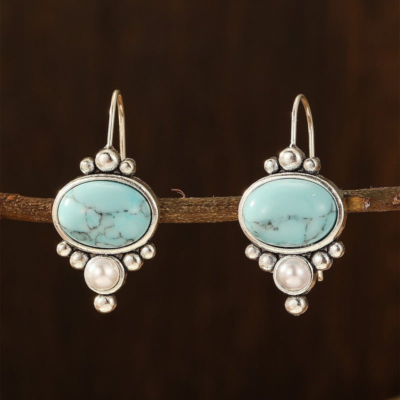 Vintage Silver Plated Turquoise & Pearl Drop Earrings