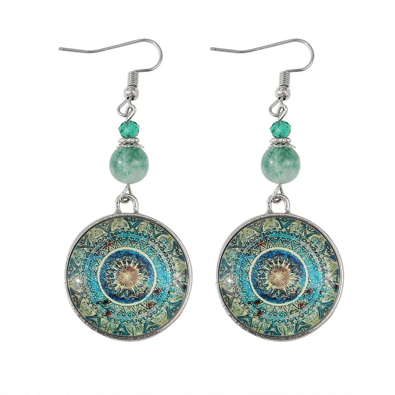 Boho Mandala Glass Disc Drop Earrings