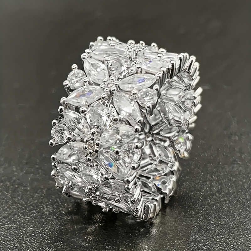 Stylish Wide Zirconia Floral Cluster Diamond Ring