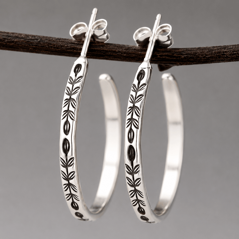 Vintage Botanical Bloom Engraved Silver Hoop Earrings