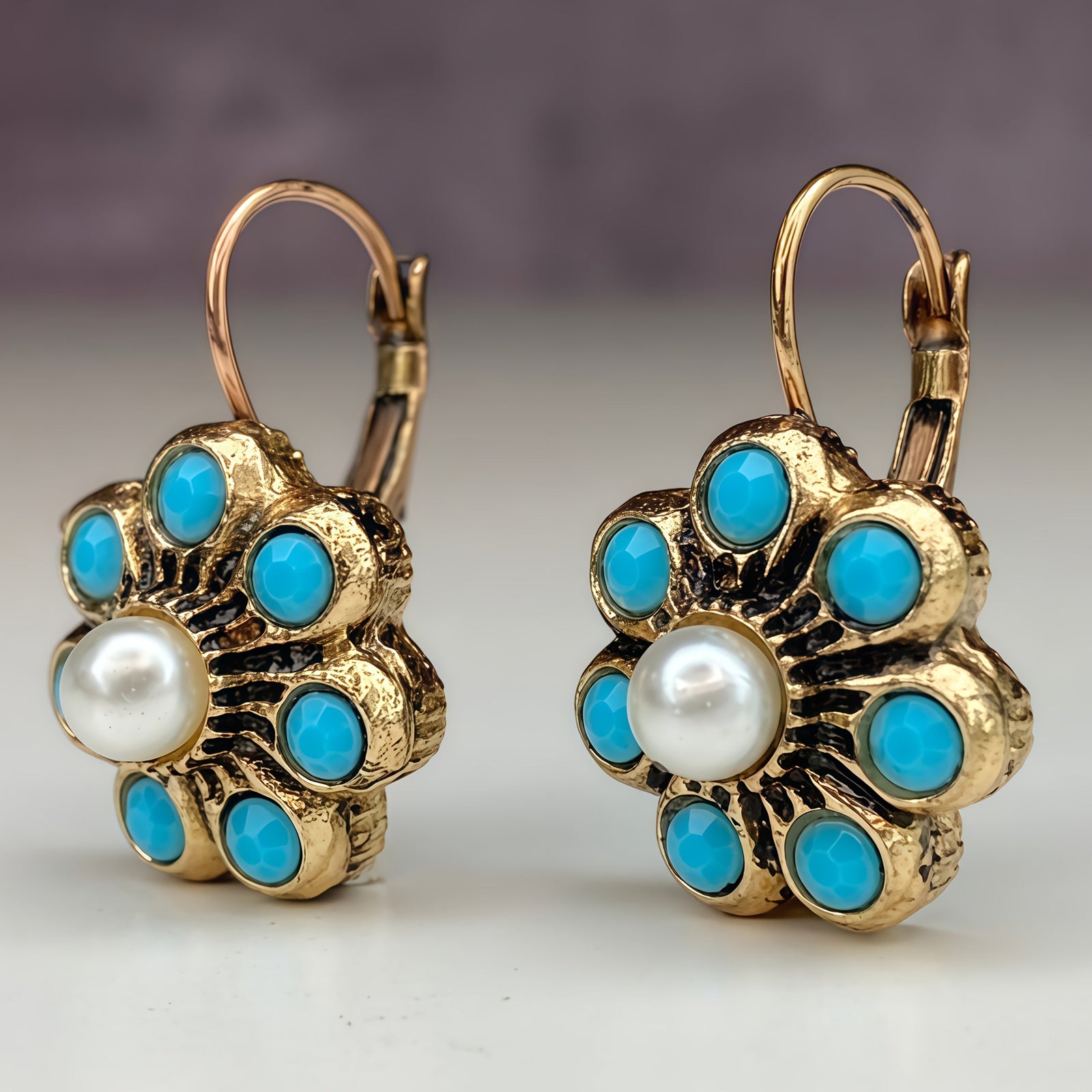 Vintage Style Turquoise And Pearls Flower Earrings