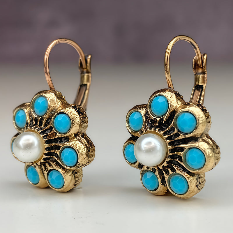 Vintage Style Turquoise And Pearls Flower Earrings