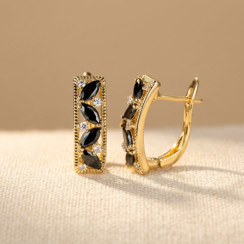 Marquise Black Cubic Zirconia Gold Hoop Earrings