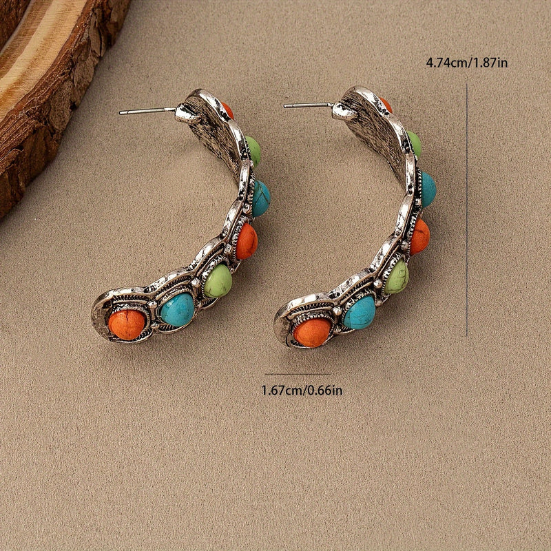 Southwestern Turquoise Silver Hoop Earrings