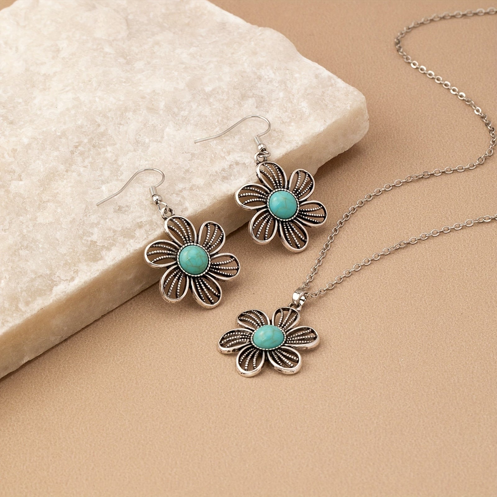 Vintage Turquoise Flower Silver Plated Necklace & Earring Set
