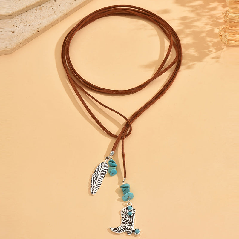 Vintage Bohemian Turquoise Feather Pendant Layered Necklace