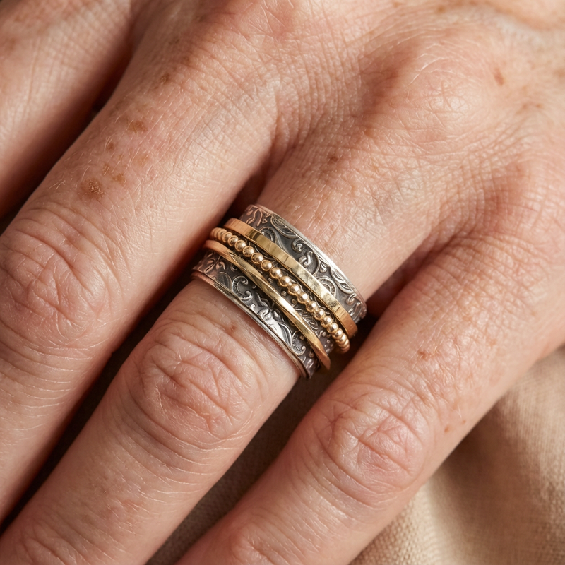 Vintage Inspired Silver & Gold Spinner Statement Ring