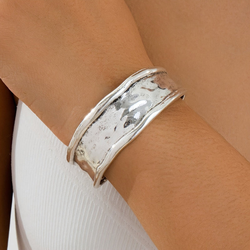 Vintage Hammered Silver Color Open Alloy Wide Cuff Bracelet