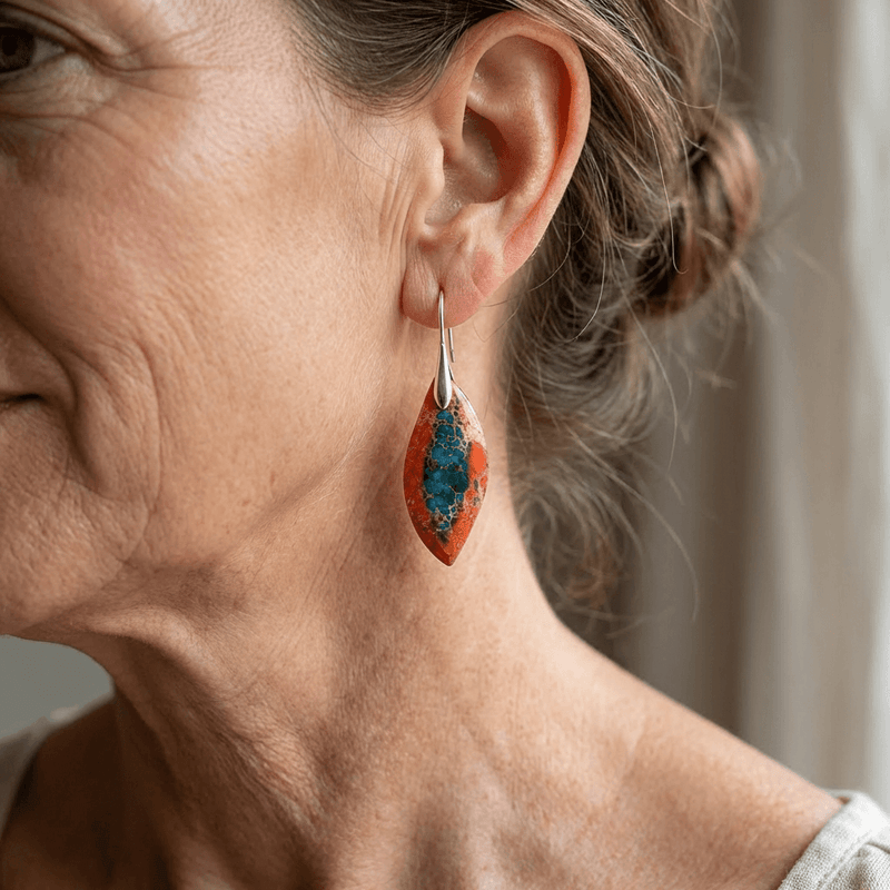 Vintage Bohemian Orange and Blue Natural Stone Leaf Earrings