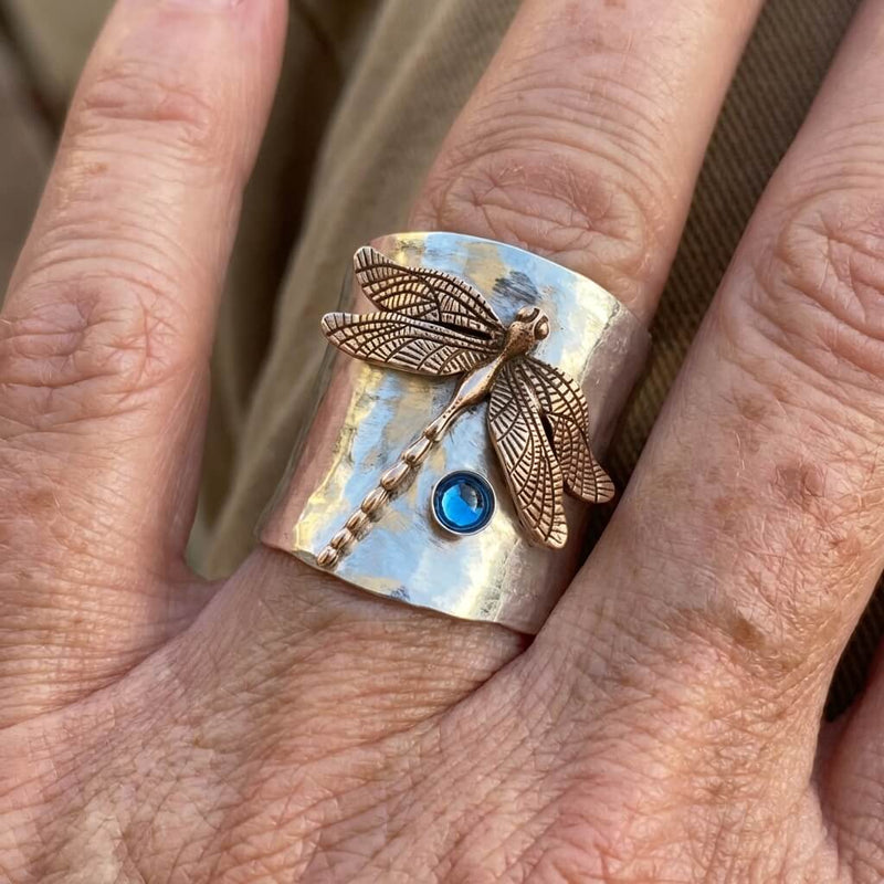 Vintage Silver Plated Golden Dragonfly Ring