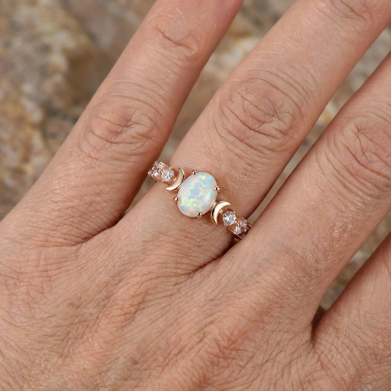 Elegant Rainbow White Fire Opal Small Moon Gold Plated Rings