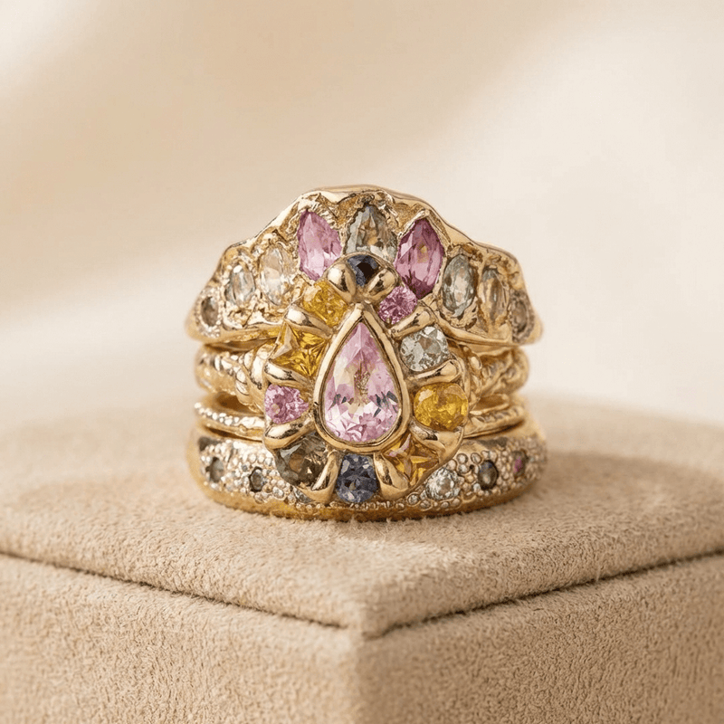 Cocktail Colorful Stones Forged Gold Ring