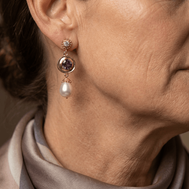 Rounded Golden Purple Zirconia Pearl Earrings