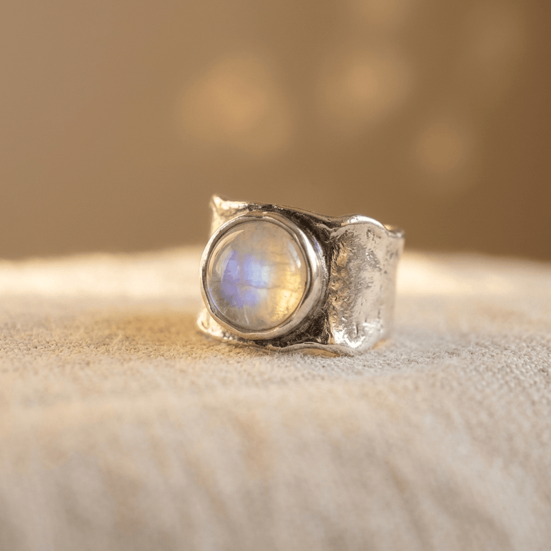 Moonstone Silver Wide Artisan Ring