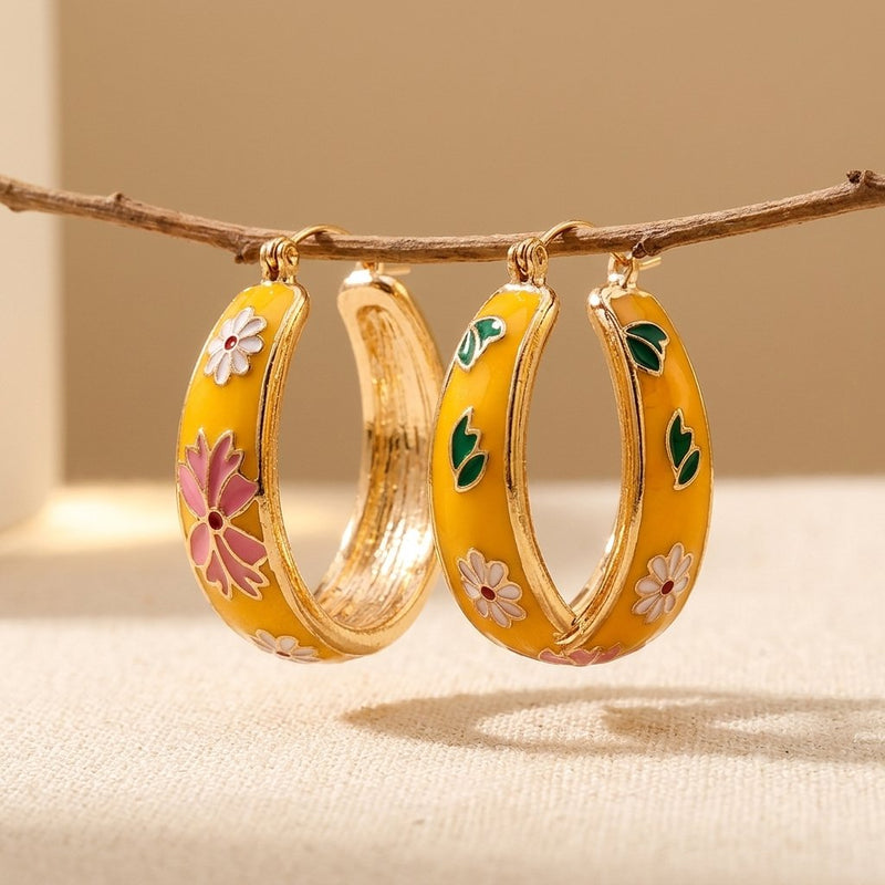 Vintage-Inspired Enamel Flower Hoop Earrings