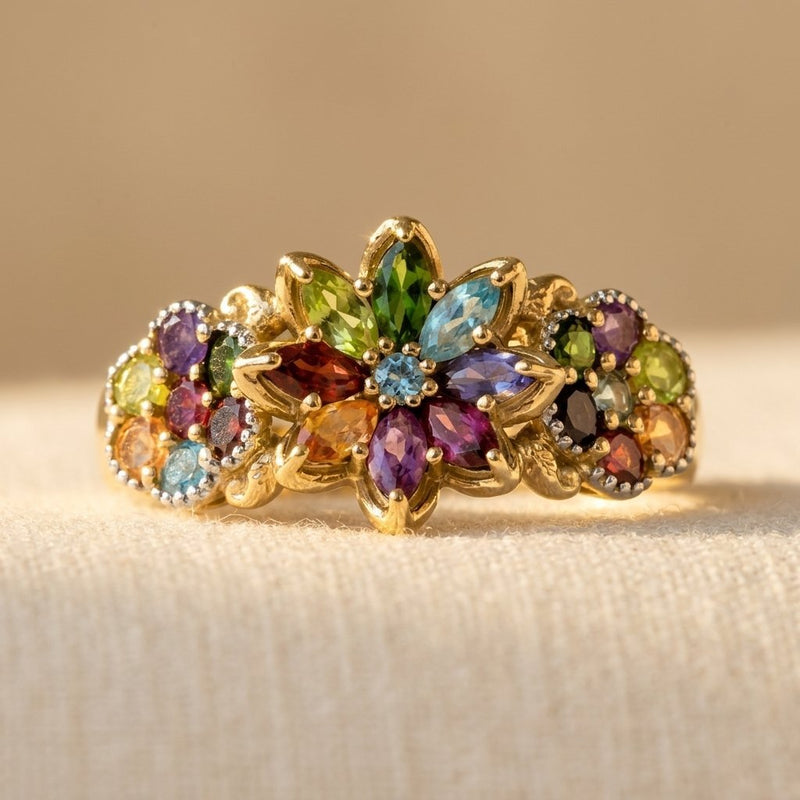 Multi Color Synthetic Cubic Zirconia Flower Row Ring