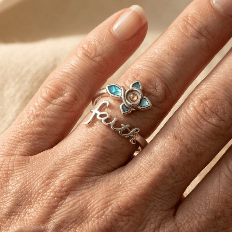Silver Faith Cross Mustard Seed Abalone Shell Ring