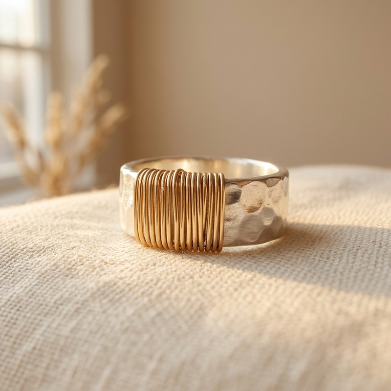 Hammered Silver & Gold Wire Artisan Statement Ring