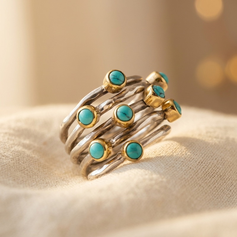 Vintage Geometric Turquoise Multi-Band Ring