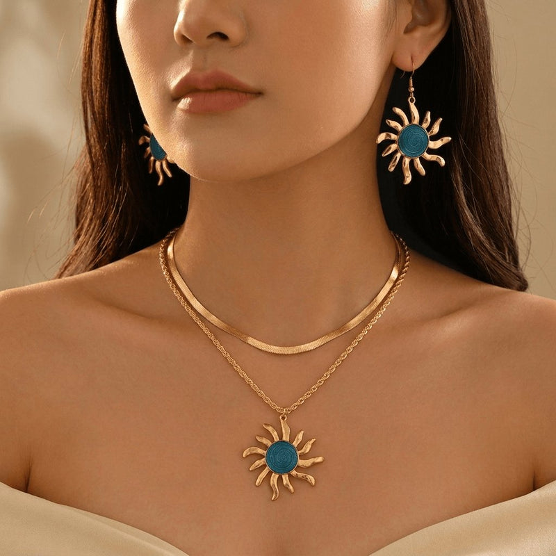 Sun Themed Earrings And Double Layer Necklace Set Jewelry Set