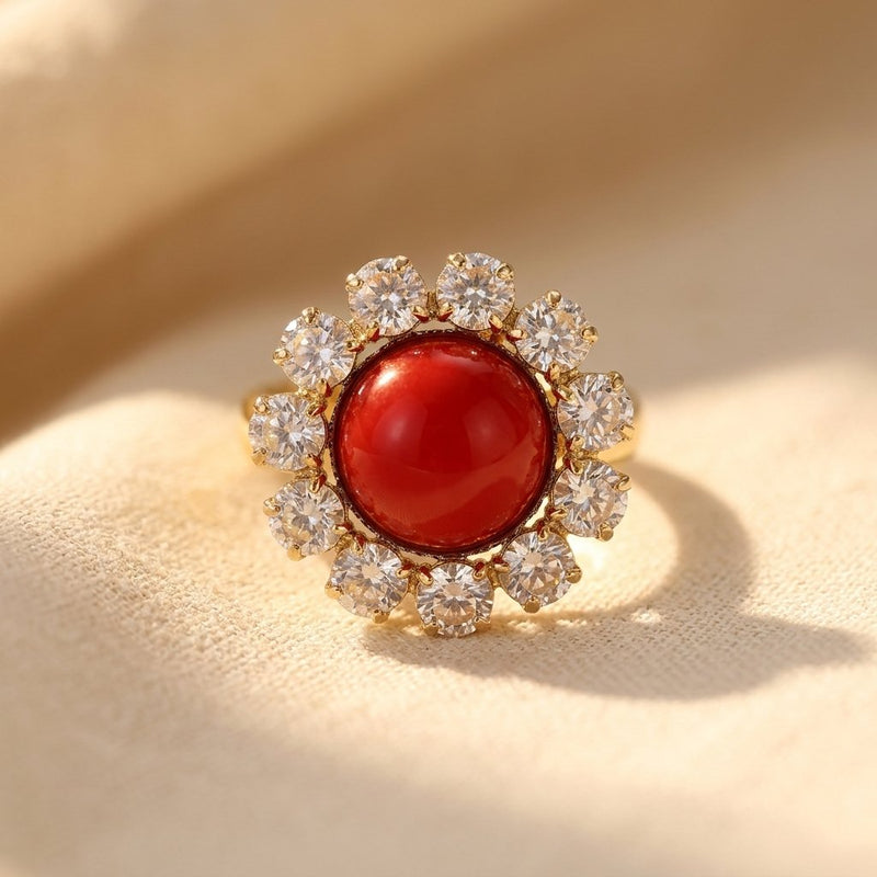 Vintage Red Coral Crystal Halo Ring