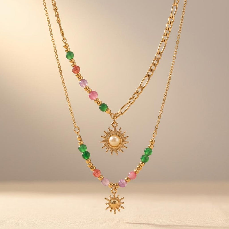 Bohemian Beaded Spiral Sun Pendant Necklace