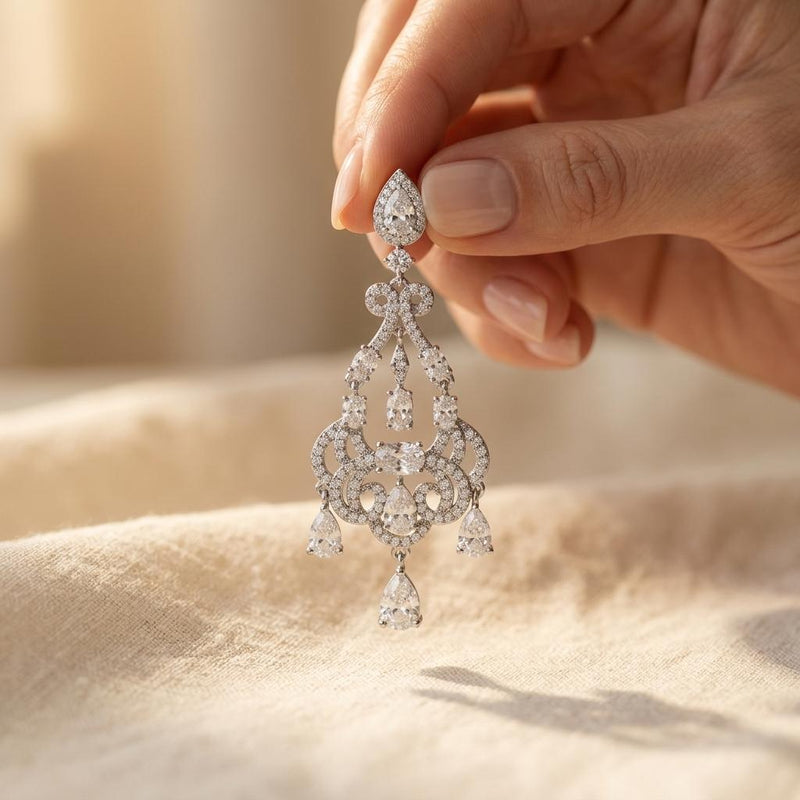 Cubic Zirconia Silver Chandelier Teardrop Earrings