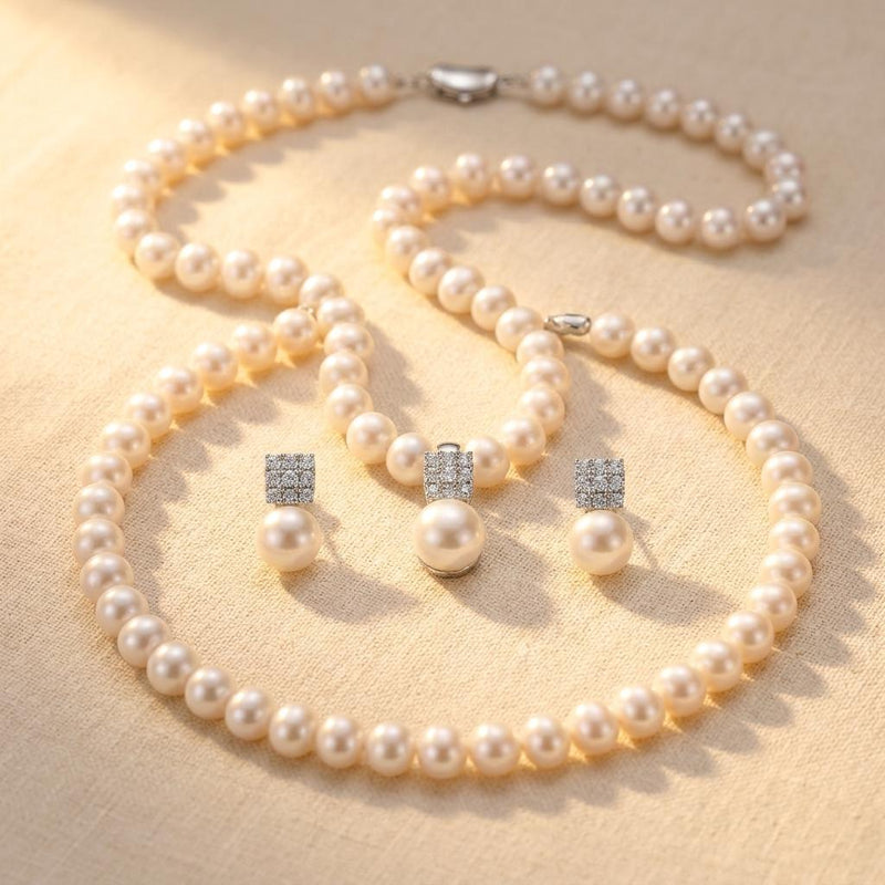 Pearl Round Necklace Earrings Jewelry Set